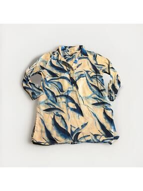 Chicos Tunic Woman Size 2 Blue/White 100% Linen Popover Top Shirt 3/4 Sleeves